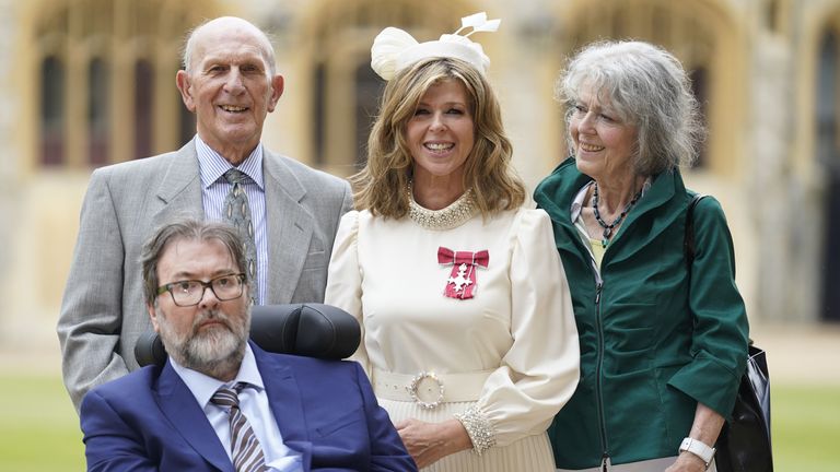 Kate Garraway, with her husband Derek Draper and her parents Gordon and Marilyn Garraway, after being made a Member of the Order of the British Empire for her services to broadcasting, journalism and charity by the Prince of Wales during an investiture ceremony at Windsor Castle, Berkshire. Picture date: Wednesday June 28, 2023.