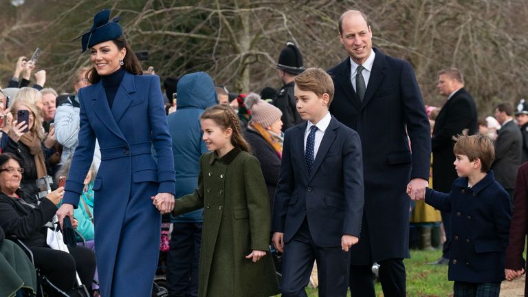 (left to right) The Princess of Wales, Princess Charlotte, Prince George, the Prince of Wales, Prince Louis and Mia Tindall  attending the Christmas Day morning church service at St Mary Magdalene Church in Sandringham, Norfolk. Picture date: Monday December 25, 2023. PA Photo. See PA story ROYAL Sandringham. Photo credit should read: Joe Giddens/PA Wire 