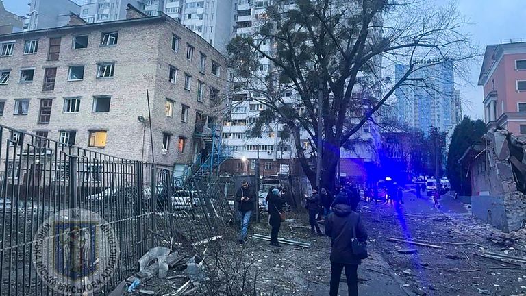 The debris of a partially destroyed building is seen in Kyiv after a Russian strike. Pic: AP