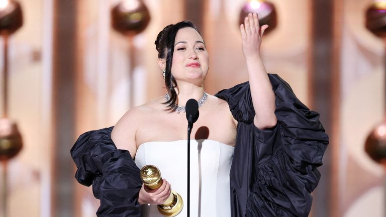 Lily Gladstone e accepts the award for Best Performance by a Female Actor in a Motion Picture at the Golden Globes.
Pic: Reuters