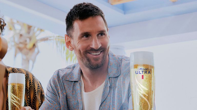 In a photo provided by Michelob Ultra, Inter Miami...s Lionel Messi is shown on the set of a Super Bowl commercial for Michelob Ultra in this image released Thursday, Jan. 25, 2024. The World Cup champion from Argentina will be part of a Super Bowl ad for the first time. (Michelob Ultra via AP)