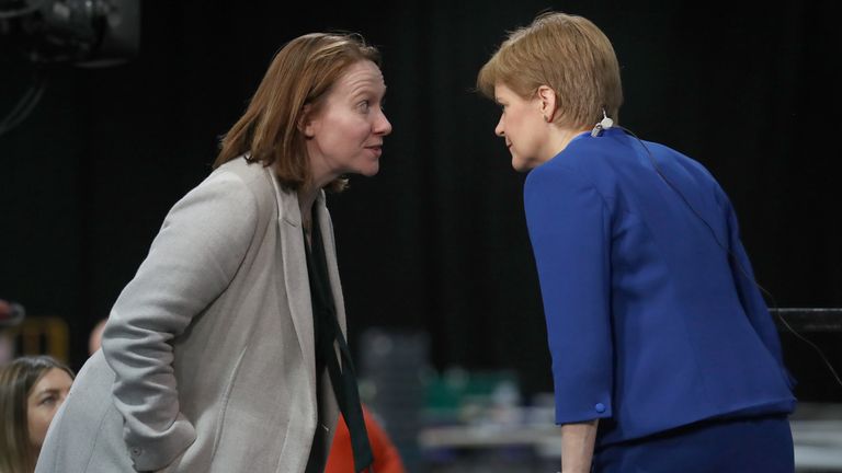 First Minister Nicola Sturgeon with her chief of staff Liz Lloyd at the SEC Centre in Glasgow during counting for the 2019 General Election. PA Photo. Picture date: Friday December 13, 2019. See PA story POLITICS Election. Photo credit should read: Andrew Milligan/PA Wire 