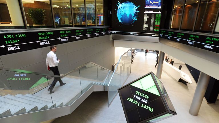 File photo dated 04/10/16 of an electronic ticker tape showing the FTSE 100 inside the London Stock Exchange. The FTSE 100 is celebrating its 40th anniversary, as firms from Barclays to Sainsbury&#39;s remain a fixture of the UK&#39;s top stock market index. Dubbed the Footsie, the index containing the biggest 100 companies on the London Stock Exchange (LSE) launched on January 3 1984. Issue date: Wednesday January 3, 2024. Pic: Nicholas .T. Ansell