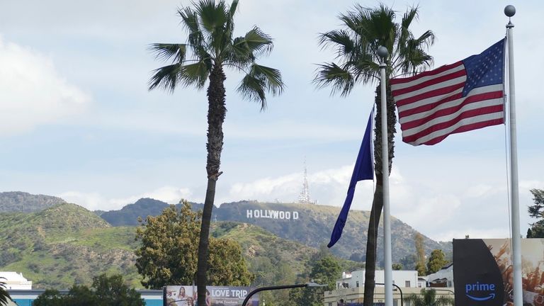 PRODUCTION - 07 March 2023, USA, Los Angeles: 915/917 View of Hollywood sign from a distance. Photo by: Barbara Munker/picture-alliance/dpa/AP Images


