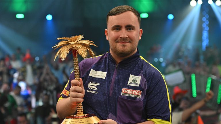 Handout photo dated 19/01/2024 provided by BIC of Luke Littler after beating Michael van Gerwen (not pictured) in the final of the 2024 Bahrain Darts Masters at the Bahrain International Circuit.  Issue date: Friday January 19, 2024.