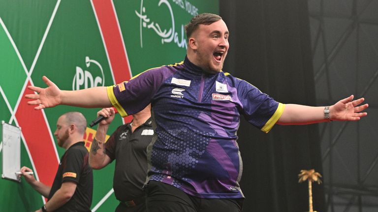 Handout photo dated 19/01/2024 provided by BIC of Luke Littler after defeating Michael van Gerwen (not pictured) in the final of the Bahrain Darts Masters 2024 at Bahrain International Circuit. Issue date: Friday January 19, 2024.

