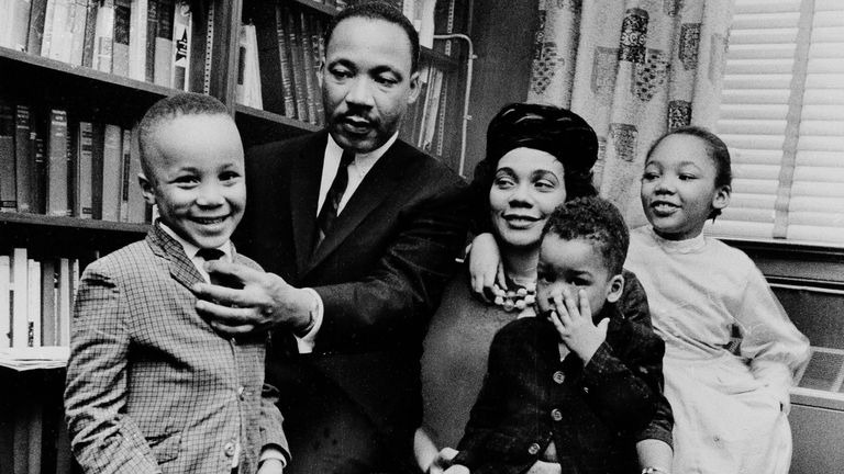 Dexter Scott, aged 2, sitting on the knee of his mother Coretta Scott King, with his father Dr Martin Luther King Jr and two of his three siblings Martin Luther King III (left) and Yolanda (right) at their home in 1963. Pic: AP