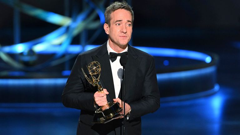 Matthew Macfadyen accepts the Emmy Award for outstanding supporting actor in a drama series for "Succession" at the 75th Emmy Awards on Monday, Jan. 15, 2024 at the Peacock Theater in Los Angeles. (Photo by Phil McCarten/Invision for the Television Academy/AP Images)