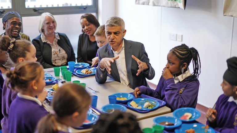 Mayor of London Sadiq Khan during a visit to Torridon Primary School in south east London, to announce the extension of free school meals in London's primary schools for the next academic year. Picture date: Tuesday January 9, 2024.