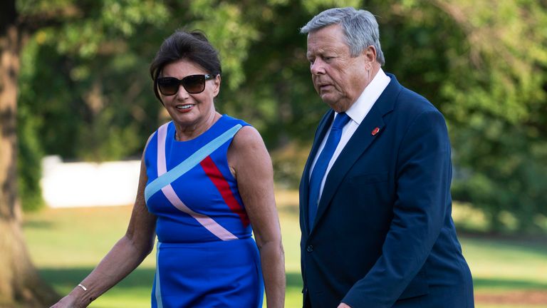 First lady Melania Trump&#39;s parents Viktor, right, and Amalija Knavs arrive at the White House  in 2019
Pic:AP