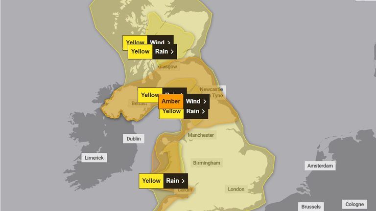 The Met Office has issued yellow and amber warnings for wind and rain on Sunday