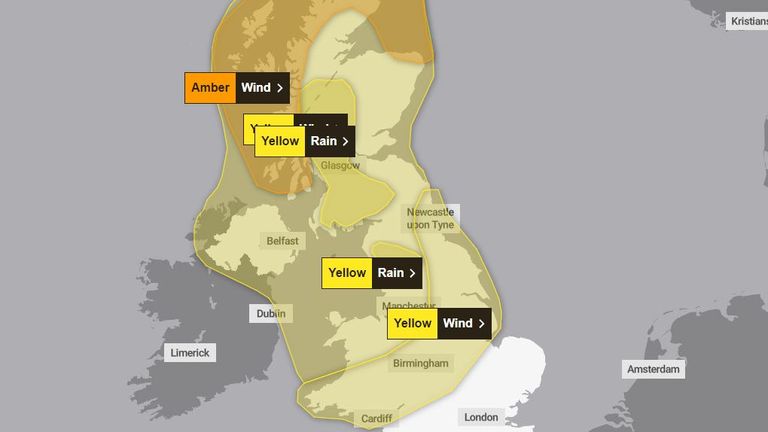 The Met Office warnings for wind and rain for Tuesday