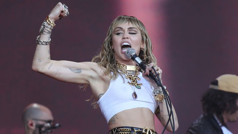 EMBARGOED TO 0001 WEDNESDAY JANUARY 3 File photo dated 30/06/19 of Miley Cyrus performing on the fifth day of the Glastonbury Festival at Worthy Farm in Somerset. Female artists led the charge in 2023, spending the most weeks at number one in the singles chart since records began in 1952. Issue date: Wednesday January 3, 2024.

