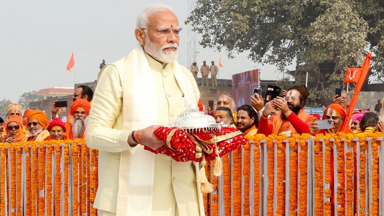 Mr Modi, who is seeking a third term since gaining power in 2014, attending the opening of a grand temple to the Hindu god Lord Ram in Ayodhya, India, in January. Pic: Reuters