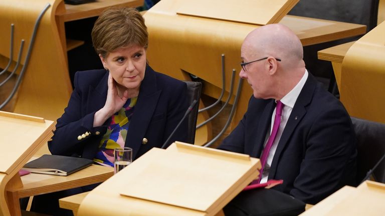 Nicola Sturgeon MSP and John Swinney MSP during First Minster&#39;s Questions at the Scottish Parliament in Holyrood, Edinburgh. Picture date: Thursday January 11, 2024.Holyrood