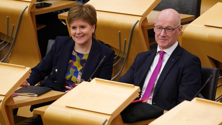 Nicola Sturgeon MSP and John Swinney MSP during First Minster's Questions at the Scottish Parliament in Holyrood, Edinburgh. Picture date: Thursday January 11, 2024.