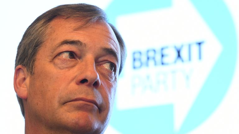 Nigel Farage speaks during the launch of the next tranche of Brexit Party candidates in central London.
