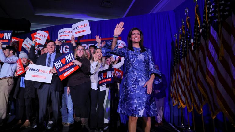 Republican presidential candidate and former US ambassador to the UN Nikki Haley attends her New Hampshire presidential primary election night rally
