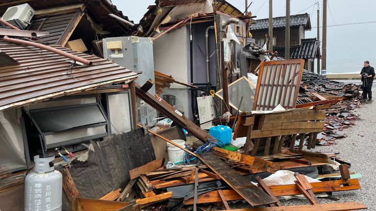 In one village, on Japan&#39;s Noto peninsular, entire streets of old traditional houses are, at best, damaged beyond what&#39;s habitable, surrounded by shattered glass and fallen beams and, at worst, have completed collapsed.  Picture for Helen-Ann Smith eyewitness.