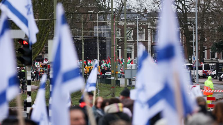 Pro-Israeli and pro-Palestinian protesters gather near the ICJ earlier this month. Pic: Reuters