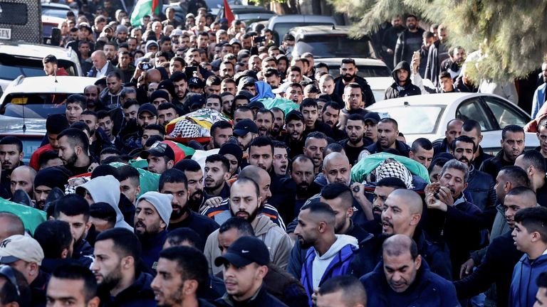 07 January 2024, Palestinian Territories, Jenin: Palestinians attend the funeral of those who were killed in an Israeli army raid in the West Bank city of Jenin. Seven Palestinians were killed early on Sunday during an Israeli airstrike on Jenin. Photo by: Ayman Nobani/picture-alliance/dpa/AP Images