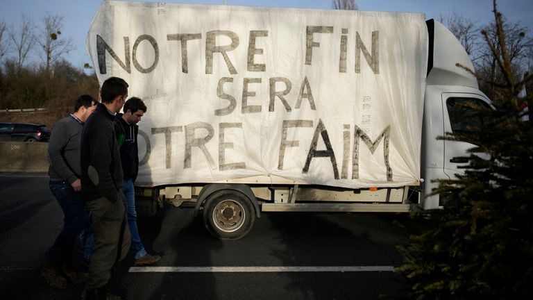 Farmer protest Paris: Our end will be your hunger". Pic: AP