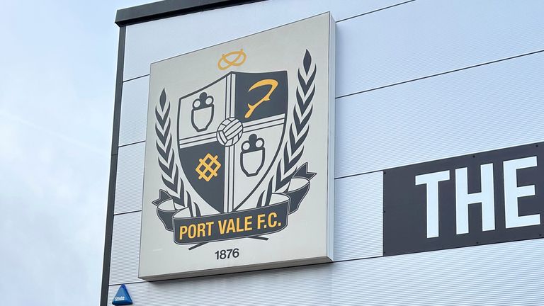 27 January 2024, Great Britain, Stoke-on-Trent: The Port Vale crest (logo). Port Vale is the favorite football club of pop star Robbie Williams. Photo by: Benedikt von Imhoff/picture-alliance/dpa/AP Images