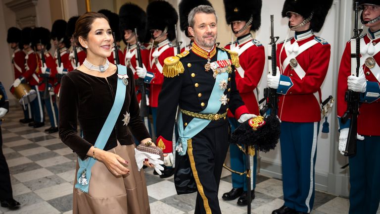 Crown Prince Frederik of Denmark and Crown Princess Marie arrive for a traditional New Year's party with officers from the Armed Forces and the National Emergency Management Agency, as well as invited representatives of major national organizations and the Royal Patronage at Christiansborg Castle in Copenhagen, Denmark, Thursday, January 4, 2024. (Mads Claus Rasmussen/Ritzau Scanpix via AP)