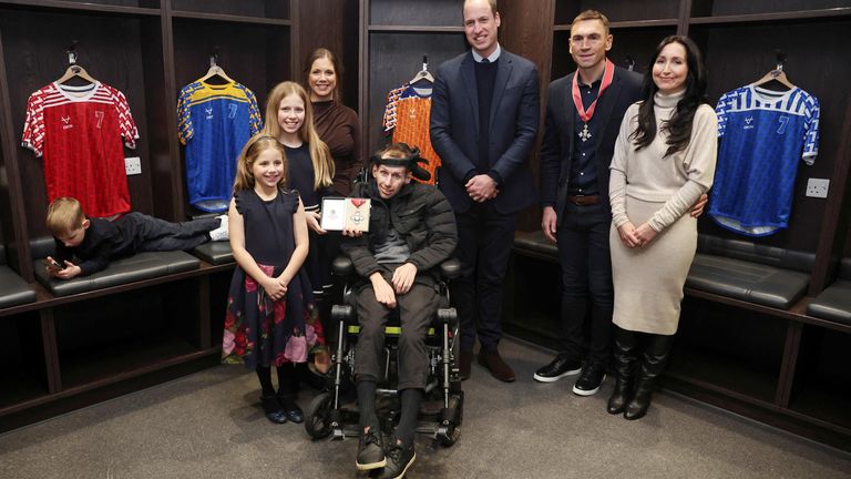 The Prince of Wales (third right) meets Jackson Burrow (far left), Maya Burrow (second left), Macy Burrow, Lindsey Burrow, Rob Burrow, Kevin Sinfield (second right) and his wife Jayne Sinfield (right) during a visit to Headingley Stadium, Leeds, to congratulate them on their efforts to raise awareness of Motor Neurone Disease. Picture date: Thursday January 11, 2024.

