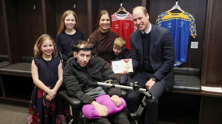 The Prince of Wales (right) meets Rob Burrow, his wife Lindsey Burrow and their children Maya (left), Macy and Jackson during a visit to Headingley Stadium, Leeds, to congratulate him on his efforts to raise awareness of Motor Neurone Disease. Picture date: Thursday January 11, 2024.
