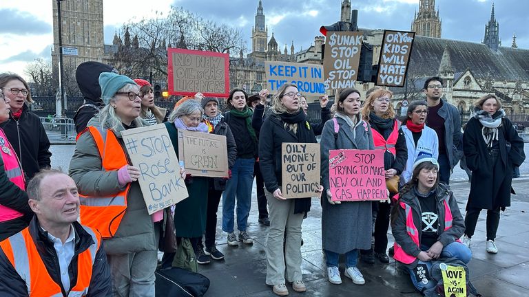 Protesters from Fossil Free London, Just Stop Oil, Extinction Rebellion, and Scientists for Extinction Rebellion staged a joint demonstration against the Offshore Petroleum Licensing Bill on Monday 