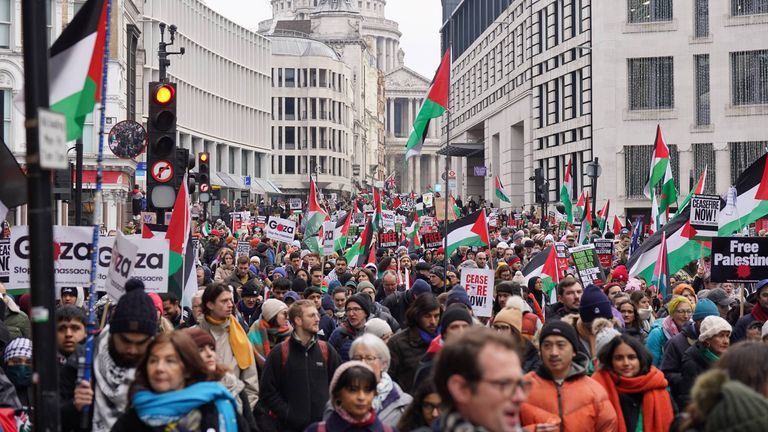 Protesters during a National March for Palestine in central London. Picture date: Saturday January 13, 2024.