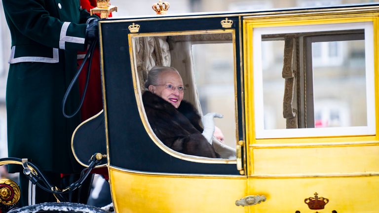 Queen Margrethe enjoyed a ride through Copenhagen in the so-called Gold Coach. Pic: Pic: Emil Nicolai Helms/Ritzau Scanpix via AP