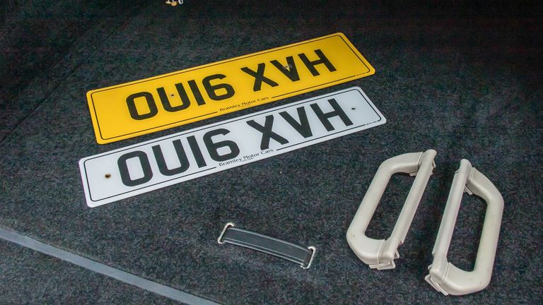 Number plates and grab handles used by late moanrch. Pic: Bramley Motor Cars