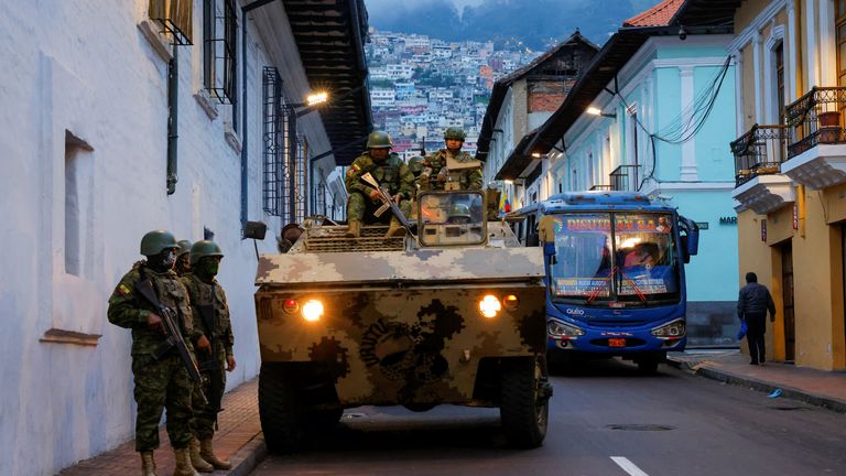 Soldiers in an armoured vehicle patrol the city&#39;s historic centre following an outbreak of violence a day after Ecuador&#39;s President Daniel Noboa declared a 60-day state of emergency following the disappearance of Adolfo Macias, leader of the Los Choneros criminal gang from the prison where he was serving a 34-year sentence, in Quito, Ecuador