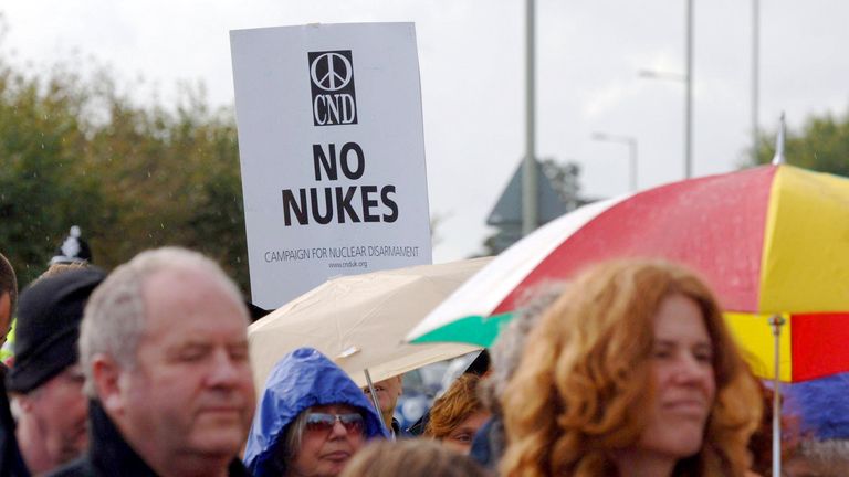 An anti-nuclear protest outside RAF Lakenheath in 2016