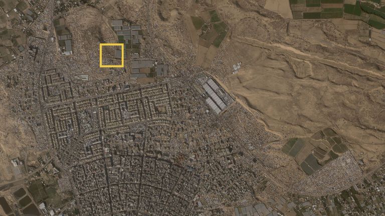 The Eman Ismail Zweidi&#39;s family&#39;s tents are in the western part of the Rafah camp. Pic: Planet Labs PBC 