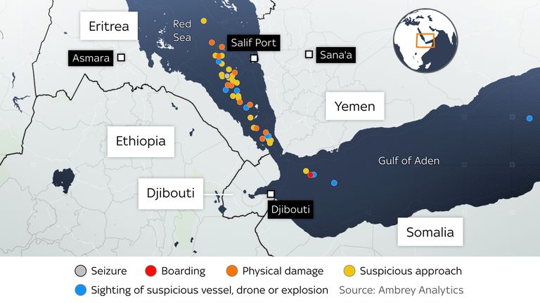 Incidents reported in the Red Sea and Gulf of Aden from 19 November 2023 to 2 January 2024
