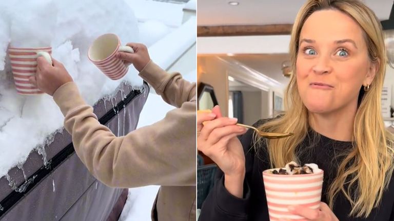 Reese Witherspoon eats snow. Pic: @reesewitherspoon/TikTok