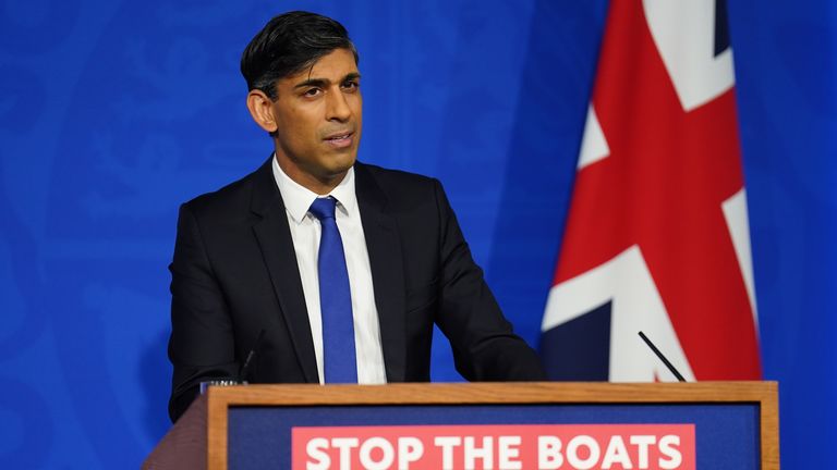 Prime Minister Rishi Sunak during a press conference in the Downing Street Briefing Room, London, as he gives an update on the plan to "stop the boats" and illegal migration. Picture date: Thursday December 7, 2023. PA Photo. See PA story POLITICS Migrants. Photo credit should read: James Manning/PA Wire 