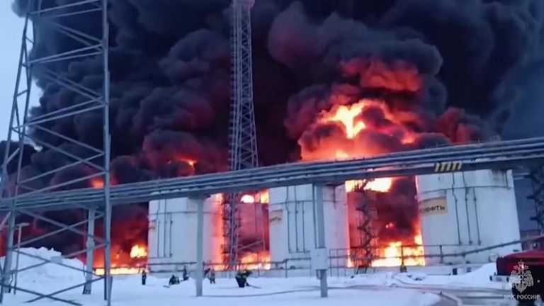 A Ukrainian drone has hit an oil storage depot in western Russia, causing a blaze, officials said as Kyiv&#39;s forces apparently extended their attacks on Russian soil ahead of the war&#39;s two-year anniversary