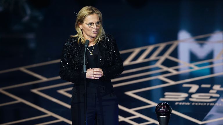 Sarina Wiegman speaks after receiving the award for The Best FIFA Women&#39;s Coach on stage during The Best FIFA Football Awards at the Eventim Apollo, London. Picture date: Monday January 15, 2024.

