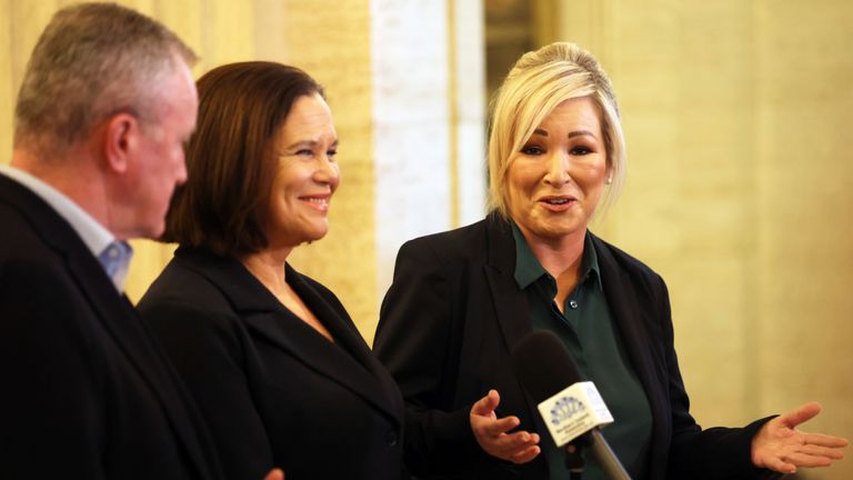 Sinn Fein&#39;s members Michelle O&#39;Neill, right, party leader Mary Lou McDonald, centre, and Conor Murphy speak to the media at parliament buildings, Stormont
Pic:AP