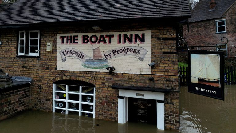 The Boat Inn is surrounded from flood water from the River Severn after heavy rain from Storm Henk, Ironbridge, Britain, January 4, 2024. REUTERS/Carl Recine