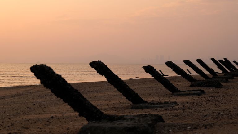 Historic defences on a beach on Taiwan’s Kinmen Islands just across the water from China