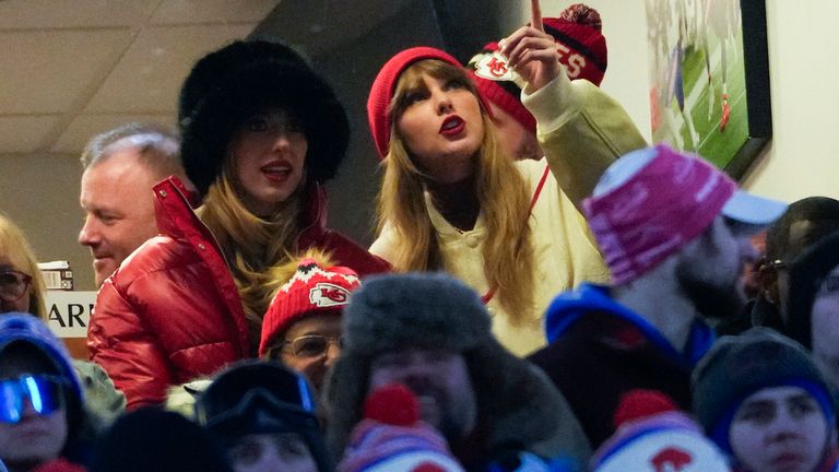 Taylor Swift, right, and Brittany Mahomes react during the third quarter of an NFL AFC division playoff football game between the Buffalo Bills and the Kansas City Chiefs, Sunday, Jan. 21, 2024, in Orchard Park, N.Y. (AP Photo/Frank Franklin II)