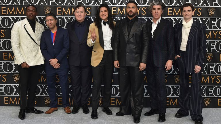Sam Richardson, from left, Nick Mohammed, Jeremy Swift, Cristo Fernandez, Kola Bokinni, James Lance, and Billy Harris arrive at the 75th Primetime Emmy Awards on Monday, Jan. 15, 2024, at the Peacock Theatre in Los Angeles. (Photo by Richard Shotwell/Invision/AP)