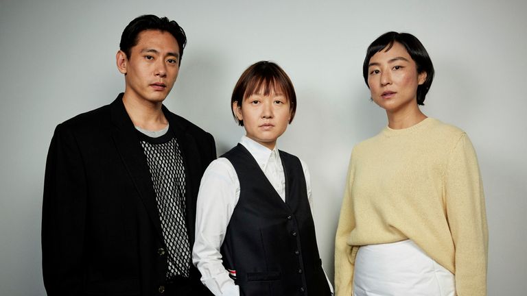 Teo Yoo, left, Celine Song and Greta Lee pose for a portrait to promote Past Lives. Pic: Matt Licari/Invision/AP