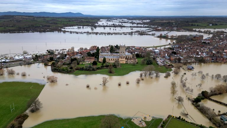 Tewkesbury Abbey was surrounded by floodwater from the rivers Avon and Severn from Storm Henk