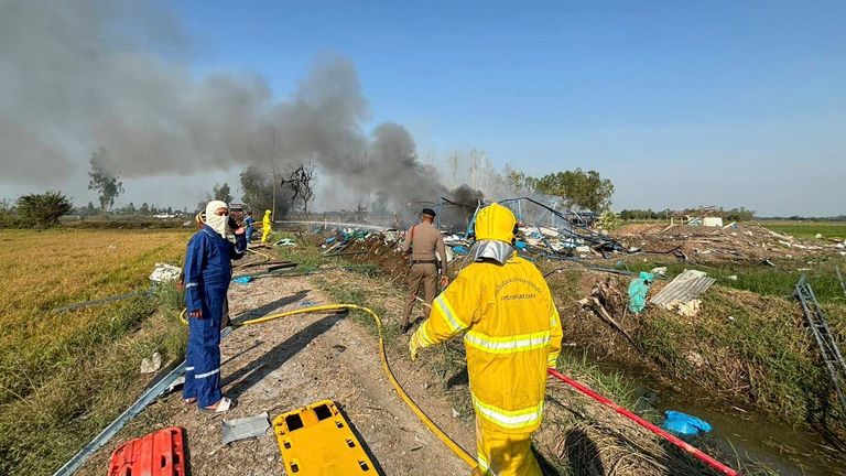 Pic: AP
Firefighters work on a cite of an explosion at a firework factory in Suphan Buri province, Thailand, Wednesday, Jan. 17, 2024. The Thai government...s disaster relief agency says an explosion at a fireworks factory in central Thailand has killed at least 20 people. (Samekan Suphan Buri Foundation via AP)
